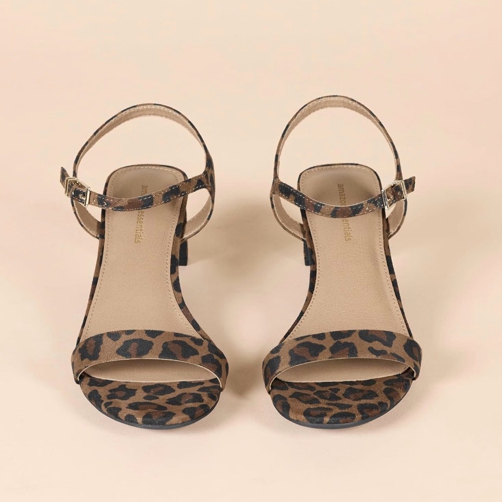 Essentials Women's Ankle Strap Low Heel Sandals Y2K Leopard Faux Suede Size 11
